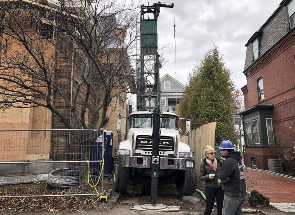 A Gap Mountain Drilling truck in Brookline in the process of drilling for geothermal heating and cooling. (Bruce Gellerman/WBUR)