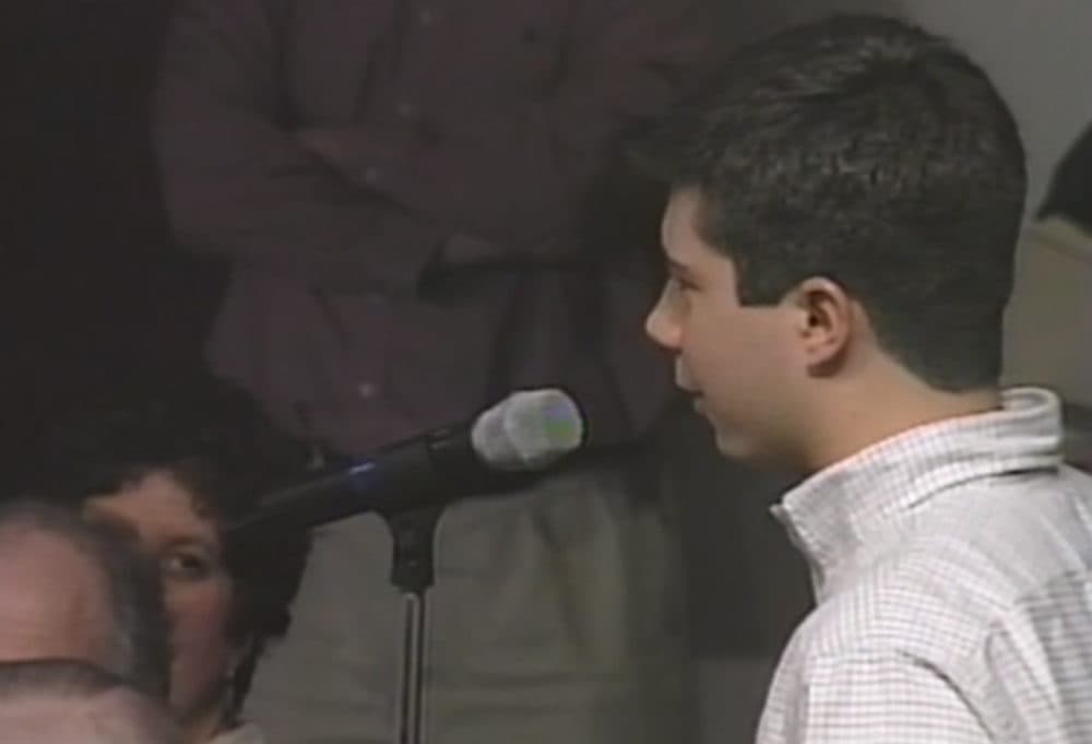 Pete Buttigieg asks Sen. Ted Kennedy a question during a Harvard Forum in 2003. (Screenshot via Harvard Kennedy School video)