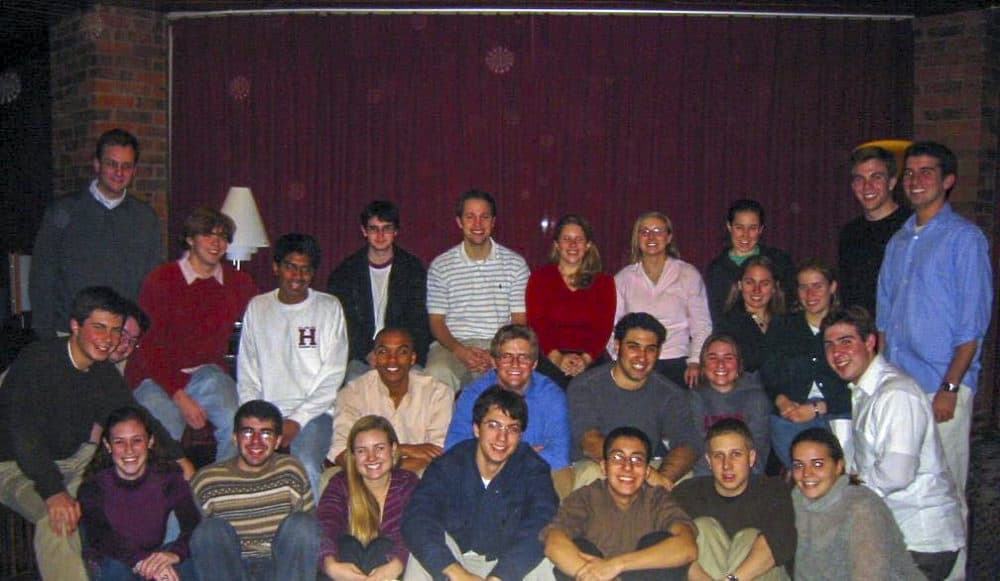 Pete Buttigieg (left, center row) at Harvard's Institute of Politics with Clarke Tucker (rear row, in striped shirt). (Photo courtesy Clarke Tucker)