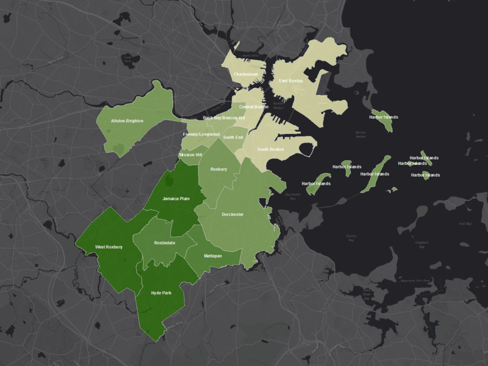 The above graphic shows the current tree canopy in Boston. Deeper green colors represent a more developed canopy. (Courtesy University of Vermont)