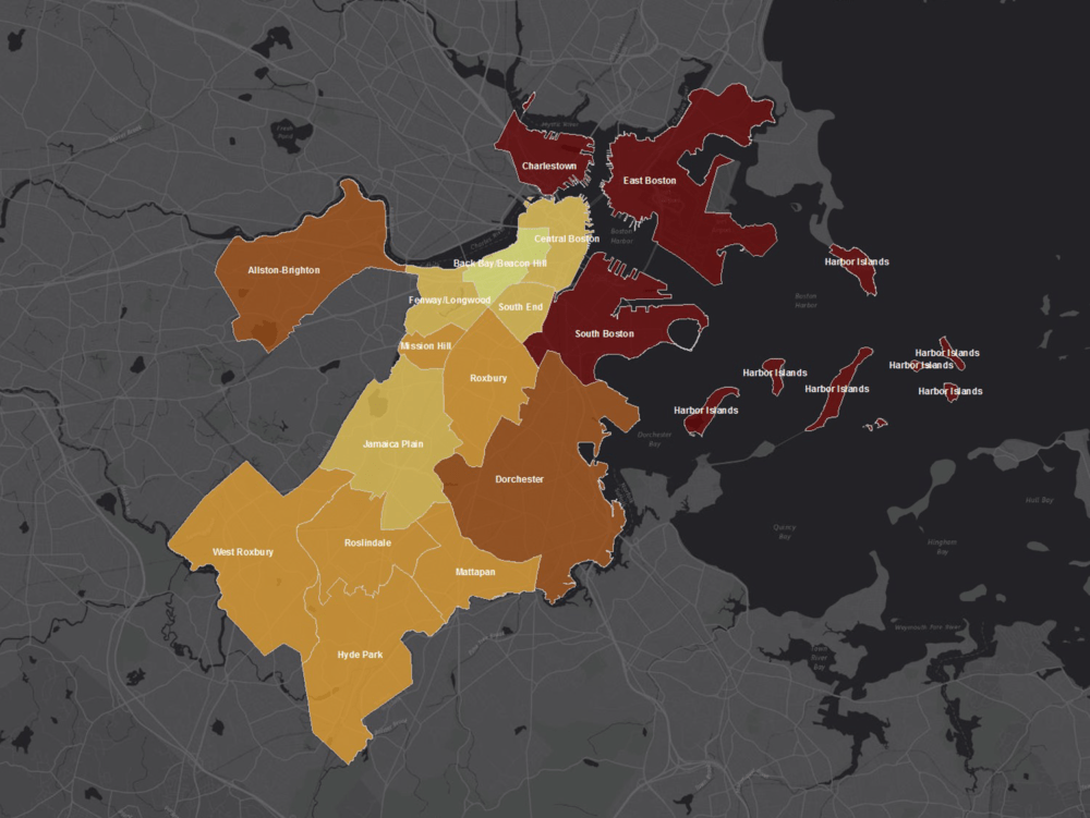 The above graphic shows the potential for tree canopy in Boston. Deeper red colors represent areas with the most potential to increase tree plantings. (Courtesy University of Vermont)