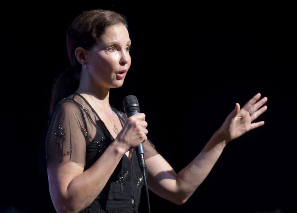 American actress Ashley Judd gestures as she speaks during a conference about the violence of prostitution in Paris, France in 2018. (Michel Euler/AP)