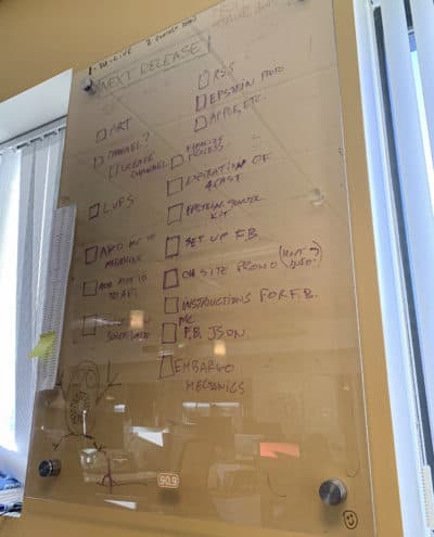 A glass board showing the items on the Project CITRUS team's to-do list for its weather microcast.