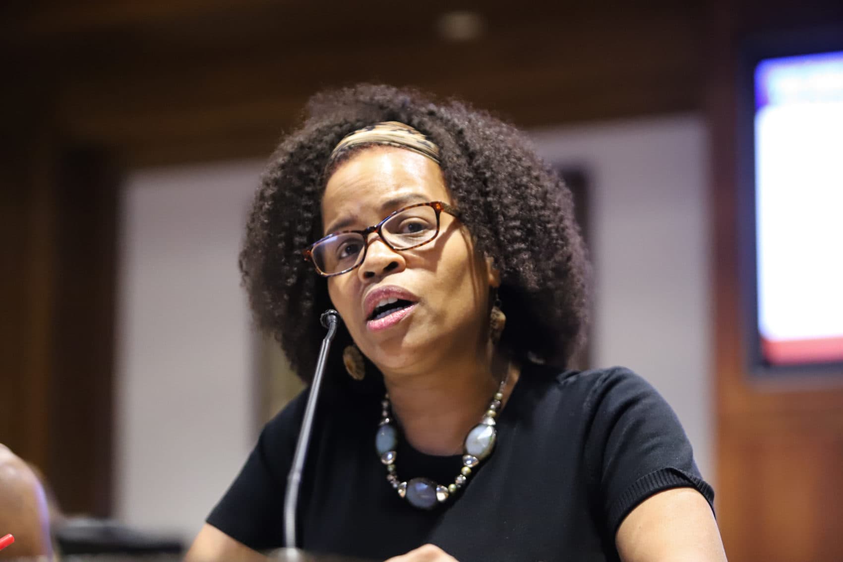 Boston City Council President Kim Janey said terms like "manageable," "fix your hair," and "tame your hair" are problematic when discussing natural hairstyles. (Chris Van Buskirk/SHNS)