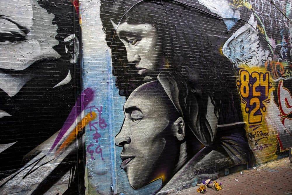 A mural of Kobe Bryant and his daughter, Gianna, at graffitti alley in Central Square, by artist Brandalizm. (Robin Lubbock/WBUR)