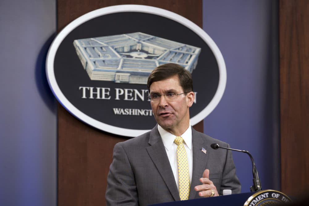 Secretary of Defense Mark Esper speaks during a news conference at the Pentagon in Washington on Monday French Minister of Armed Forces Florence Parly. (Jose Luis Magana/AP)