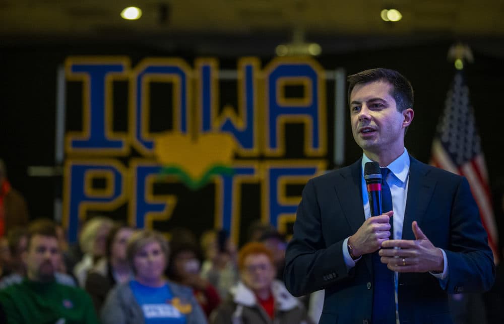 Presidential candidate Pete Buttegieg speaks to supporters at a town hall event at the Midnight Ballroom in Marshalltown, Iowa. (Jesse Costa/WBUR)