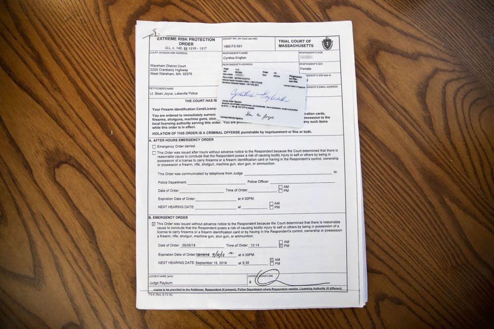A copy of the extreme risk protection order filed against Cynthia English. Lakeville police Lt. Sean Joyce petitioned the court for English's guns to be seized, and then a year later, signed off on her gun license. (Jesse Costa/WBUR)