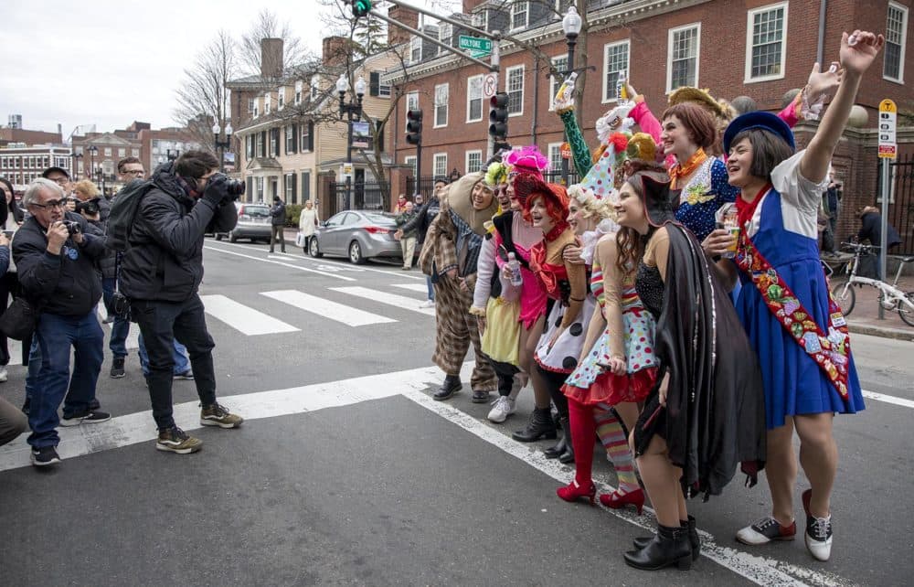 The Hasty Pudding crew leads the annual parade along Massachusetts Avenue. (Robin Lubbock/WBUR)