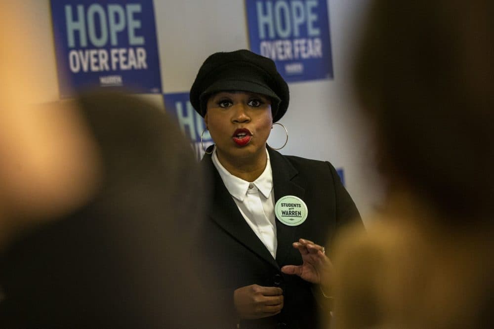 US Congresswoman from Mass. Ayanna Pressley speaks to a group of student canvassers during an an Elizabeth Warren campaign event at the Drake University Student Center in Des Moines, IA. (Jesse Costa/WBUR)