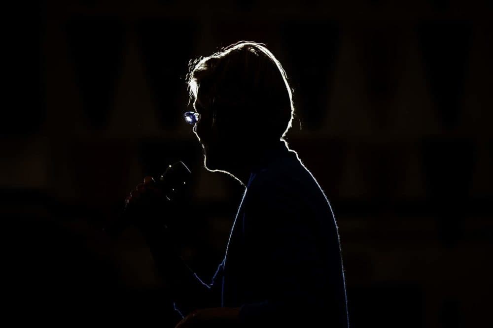 Presidential candidate Elizabeth Warren speaks to supporters during a campaign event at West High School in Iowa City, Iowa. (Jesse Costa/WBUR)