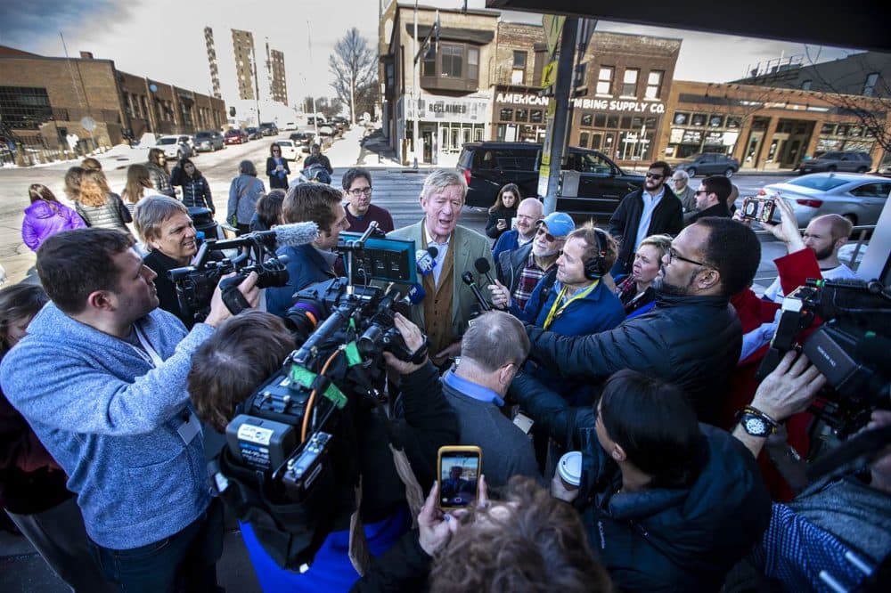 Republican presidential candidate and former Massachusetts Gov. Bill Weld speaks with press during a campaign stop on East Grand Avenue in Des Moines. (Jesse Costa/WBUR)