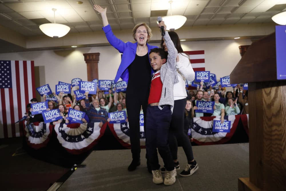 Democratic presidential candidate Sen. Elizabeth Warren, D-Mass., arrives to speak at a caucus night rally in Des Moines, Iowa. No results had yet been announced. (Andrew Harnik/AP)
