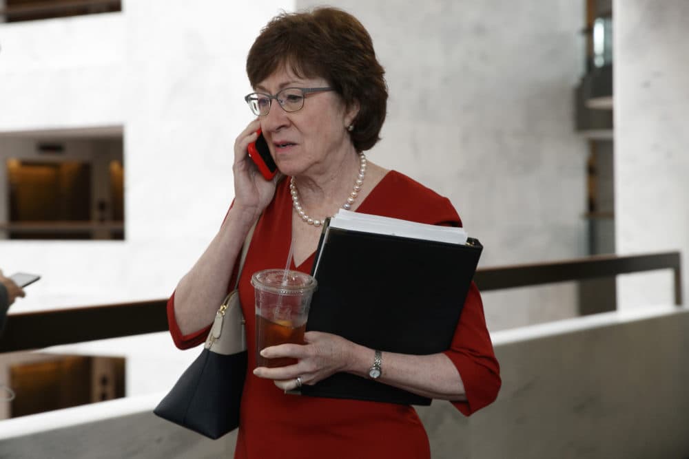 Sen. Susan Collins, R-Maine, arrives for a closed intelligence briefing with Acting Director of National Intelligence Joseph Maguire, Thursday Sept. 26, 2019, on Capitol Hill in Washington. (Jacquelyn Martin/AP)