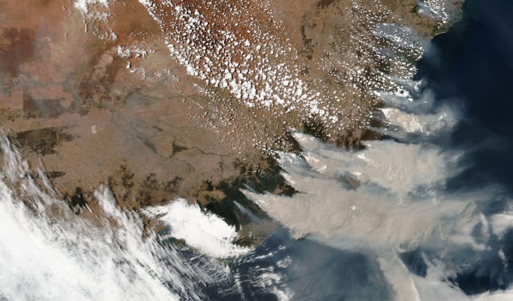 This satellite image provided by NASA on Saturday, Jan. 4, 2020 shows wildfires in Victoria and New South Wales, Australia. (NASA via AP)