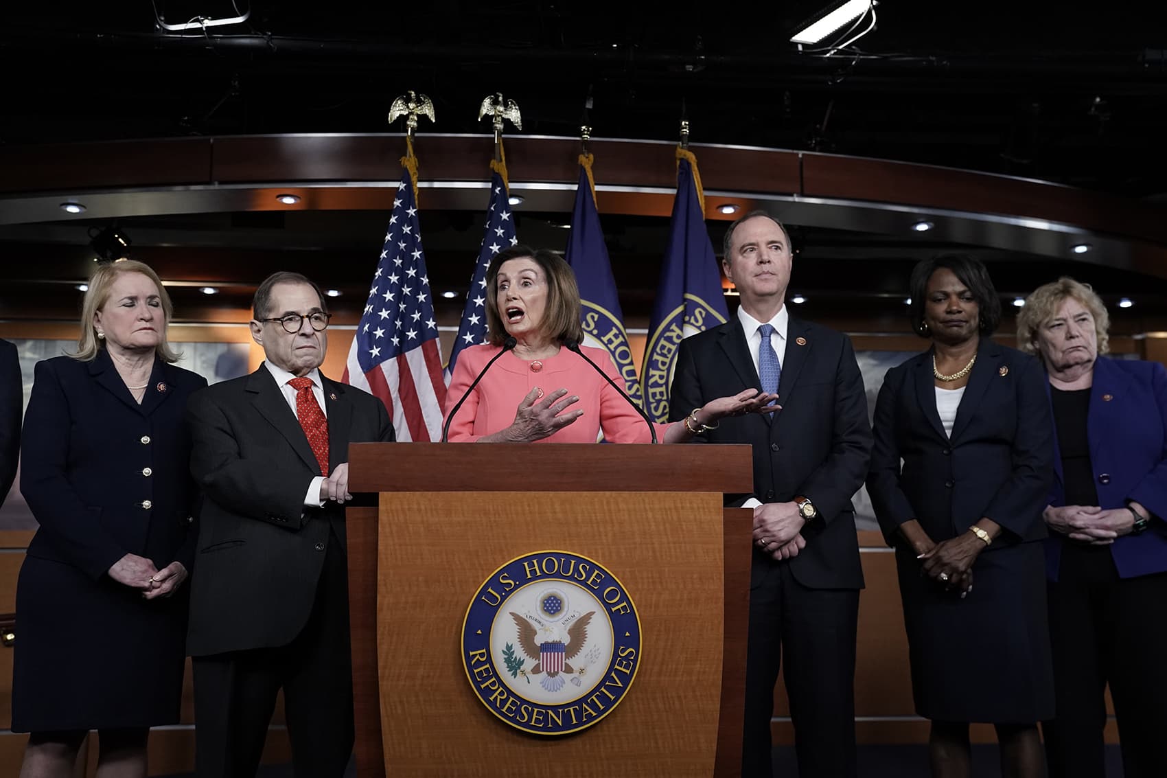 Speaker of the House Nancy Pelosi, D-Calif., meets with reporters to announce the House impeachment managers as she prepares to send articles of impeachment to the Senate against President Donald Trump for abuse of power and obstruction of Congress, at the Capitol in Washington, Wednesday, Jan. 15, 2020. With Pelosi from left are Rep. Sylvia Garcia, D-Texas, House Judiciary Committee Chairman, Rep. Jerrold Nadler, D-N.Y., Pelosi, House Intelligence Committee Chairman Adam Schiff, D-Calif., Rep. Val Demings, D-Fla., and Rep. Zoe Lofgren, D-Calif. (J. Scott Applewhite/AP)