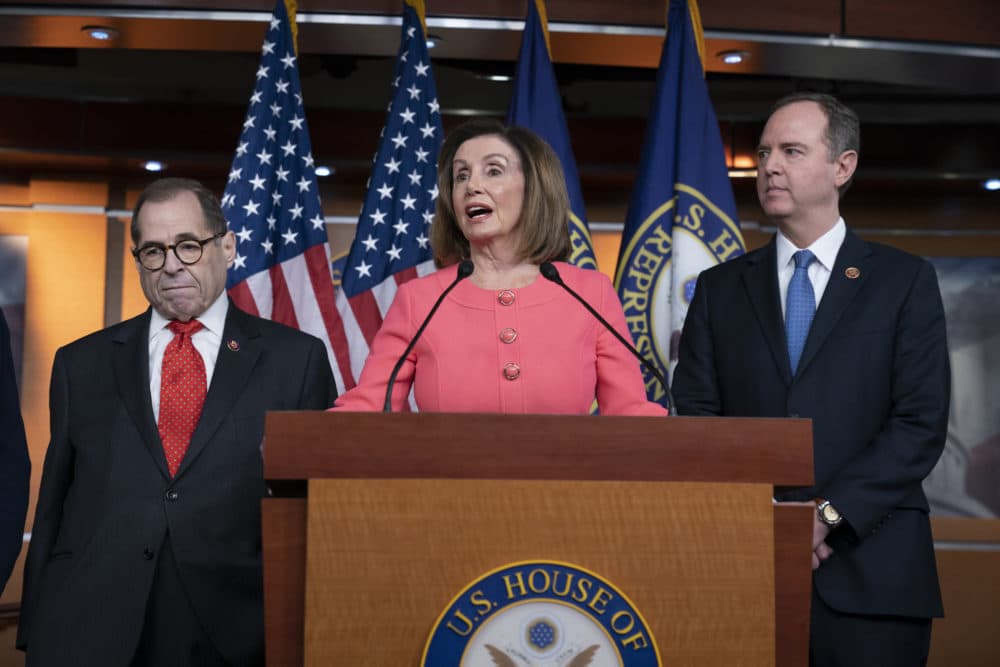 Speaker of the House Nancy Pelosi, D-Calif., flanked by House Judiciary Committee Chairman, Rep. Jerrold Nadler, D-N.Y., left, and House Intelligence Committee Chairman Adam Schiff, D-Calif., speaks during a news conference to announce impeachment managers at the Capitol in Washington, Wednesday, Jan. 15, 2020. (J. Scott Applewhite/AP)