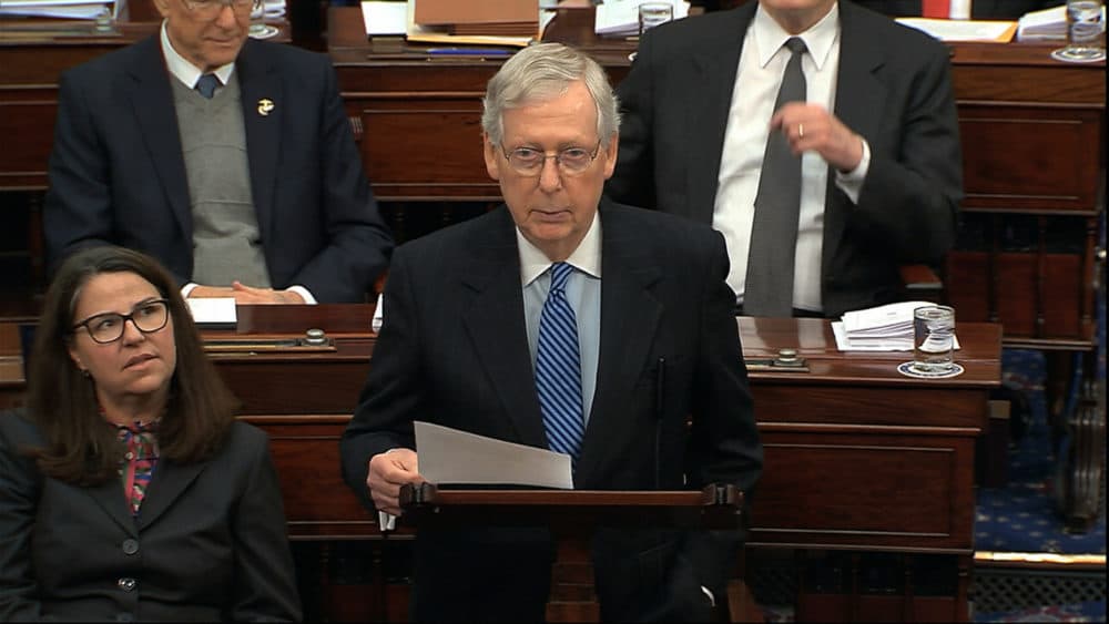 In this image from video, Senate Majority Leader Mitch McConnell, R-Ky., speaks during the impeachment trial against President Donald Trump in the Senate at the U.S. Capitol in Washington, Wednesday, Jan. 22, 2020. (Senate Television via AP)