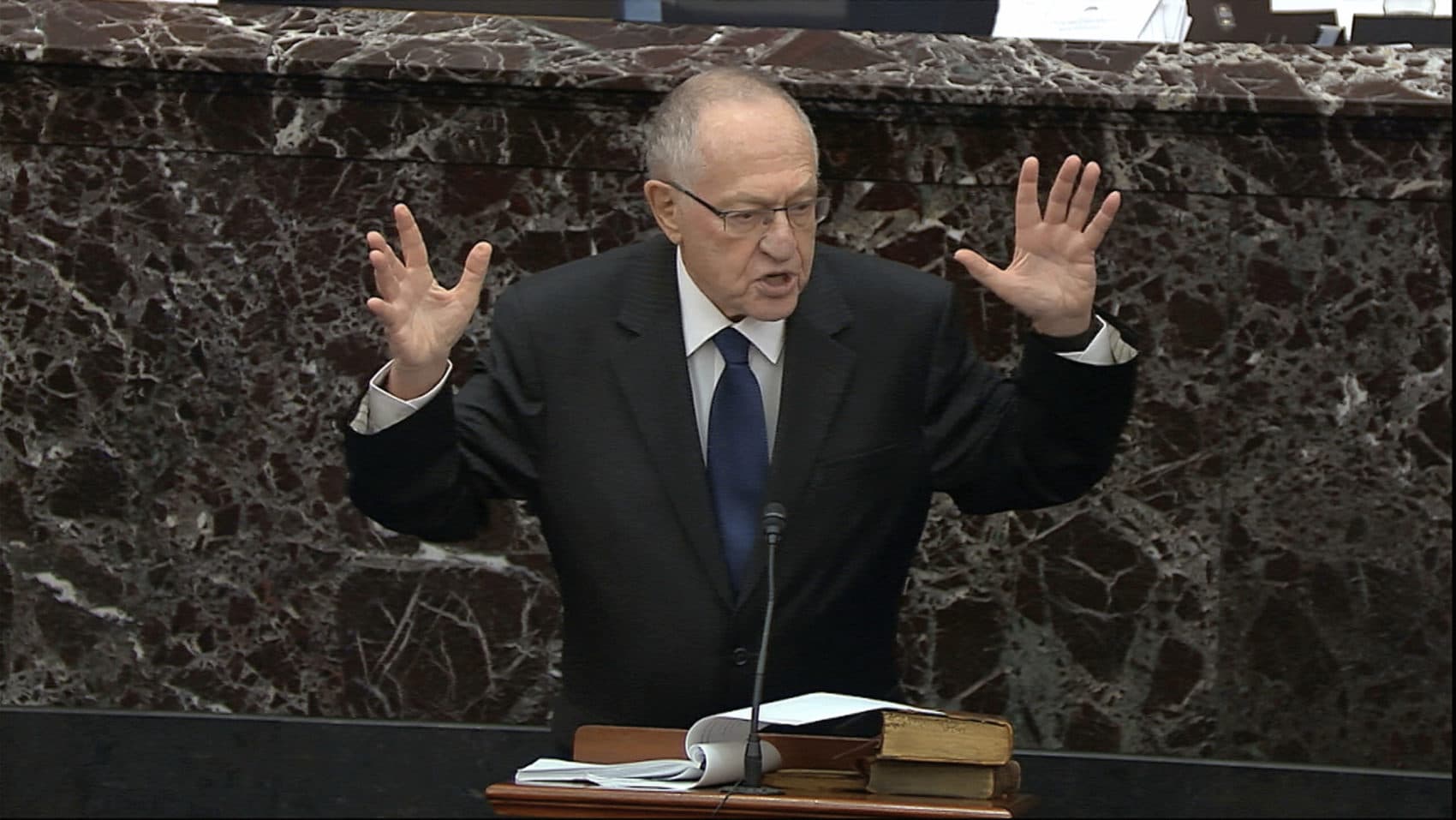 In this image from video, Alan Dershowitz, an attorney for President Donald Trump, speaks during the impeachment trial against Trump in the Senate at the U.S. Capitol in Washington, Monday, Jan. 27, 2020. (Senate Television via AP)