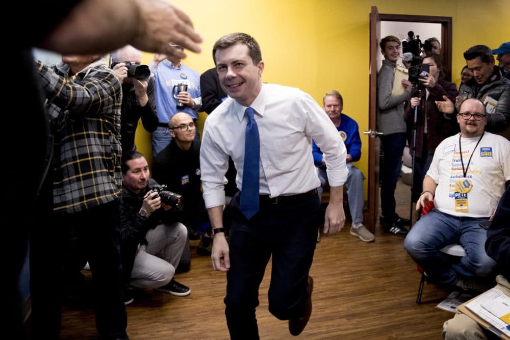 Democratic presidential candidate Pete Buttigieg arrives to speak at a campaign office the day of the Iowa Caucus, Monday, Feb. 3, 2020, in West Des Moines, Iowa. (Andrew Harnik/AP)