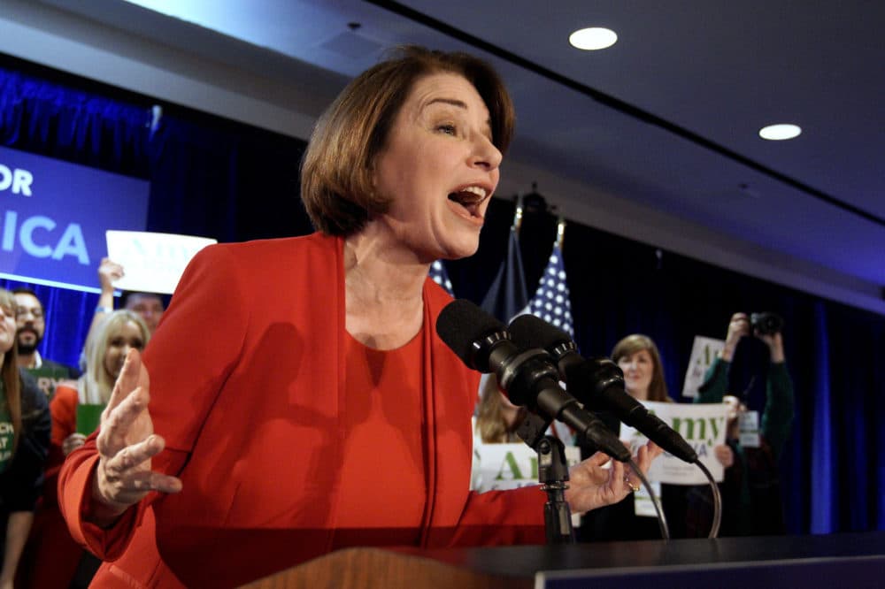 Democratic presidential candidate Sen. Amy Klobuchar, D-Minn., speaks to supporters at her caucus night campaign rally in Des Moines, Iowa. Nati Harnik/AP)