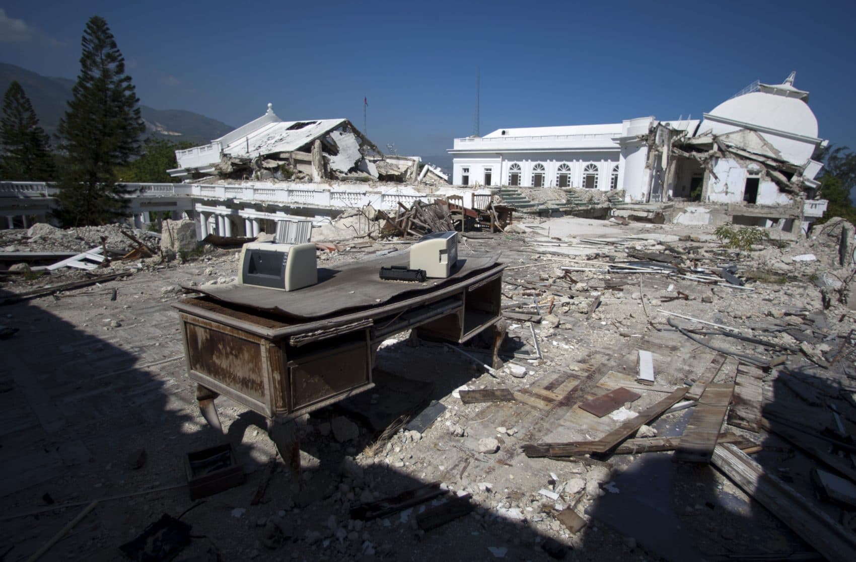 In this 2012 photo, printers sit on a desk on the roof the earthquake damaged National Palace in Port-au-Prince, Haiti. (Dieu Nalio Chery/AP)