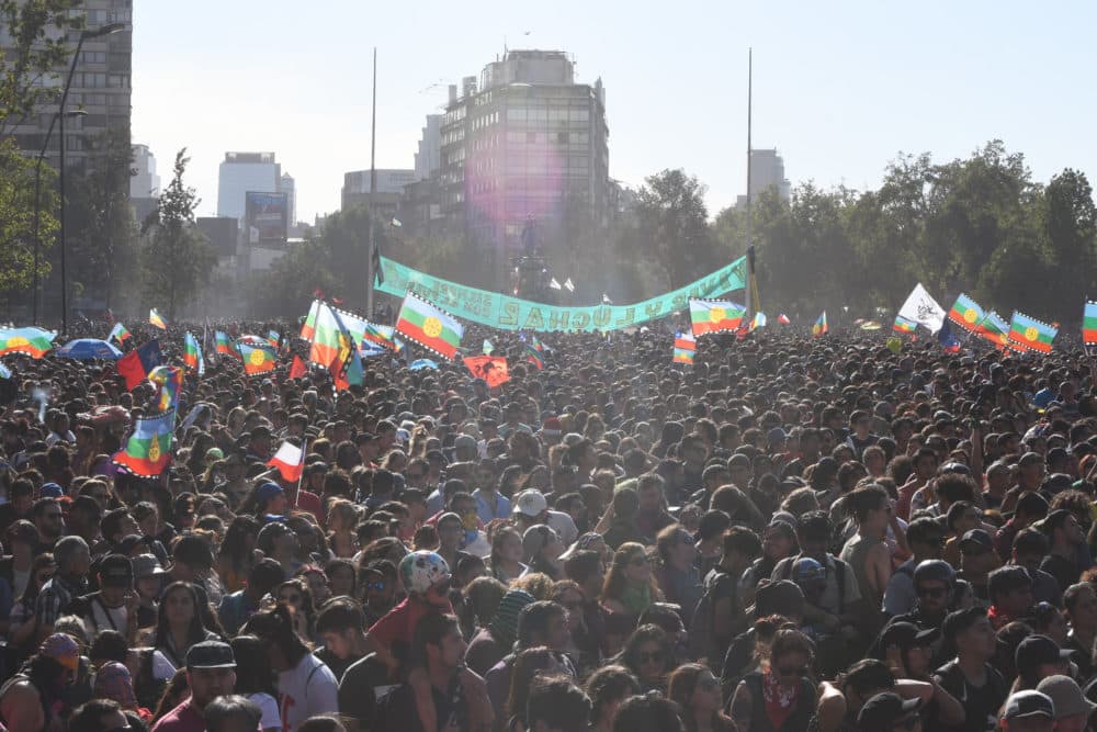 Protesters gather in Santiago's Plaza de la Dignidad. (Jorge Sanchez for WBUR)