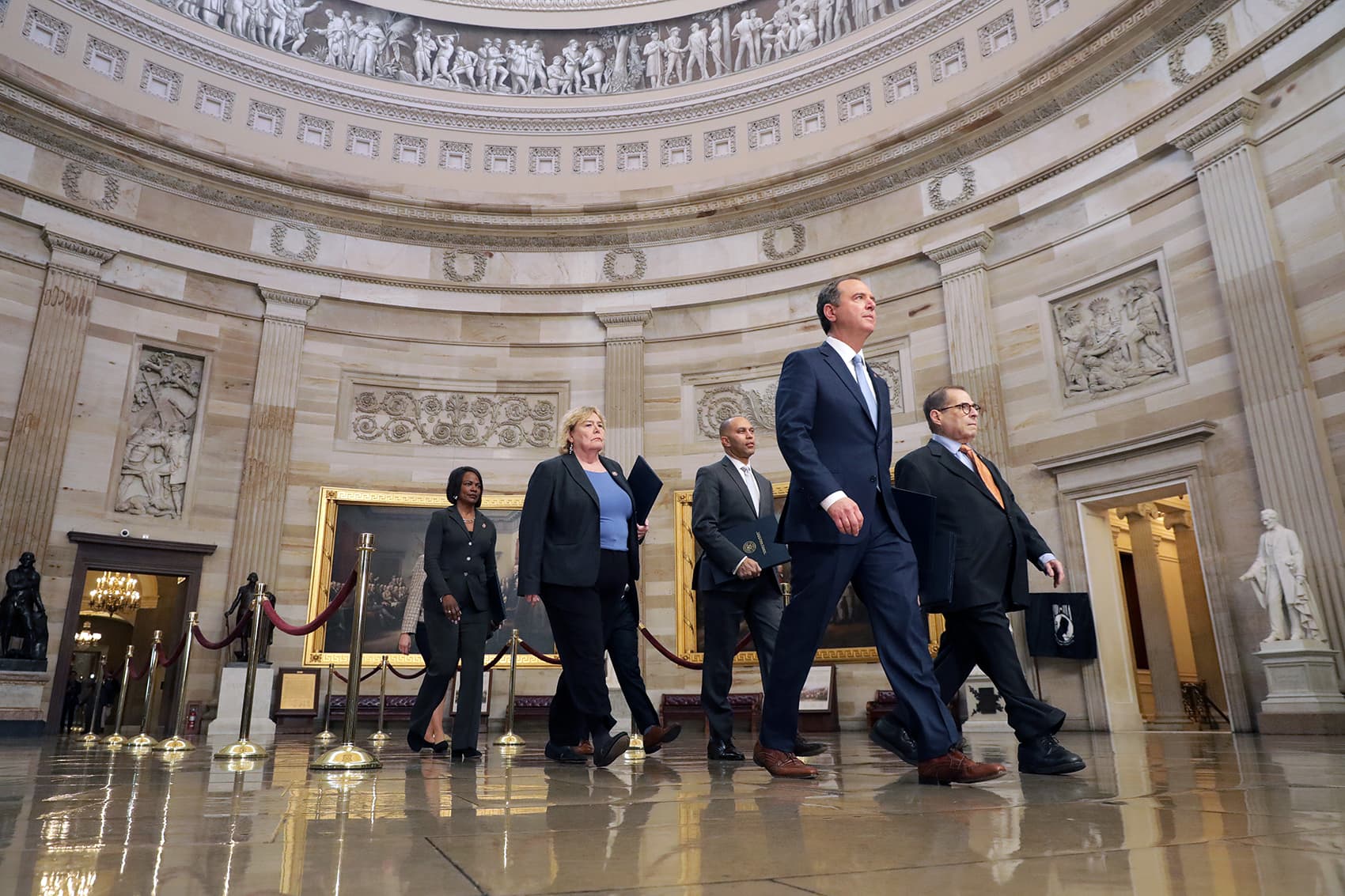 Rep. Adam Schiff (D-CA), Rep. Jerrold Nadler (D-NY), Rep. Zoe Lofgren (D-CA), Rep. Hakeem Jeffries (D-NY), Rep. Val Demings (D-FL), Rep. Jason Crow (D-CO) and Rep. Sylvia Garcia (D-TX) walk through the Rotunda of the U.S. Capitol on their way to the U.S. Senate January 16, 2020 in Washington, DC. (Chip Somodevilla/Getty Images)