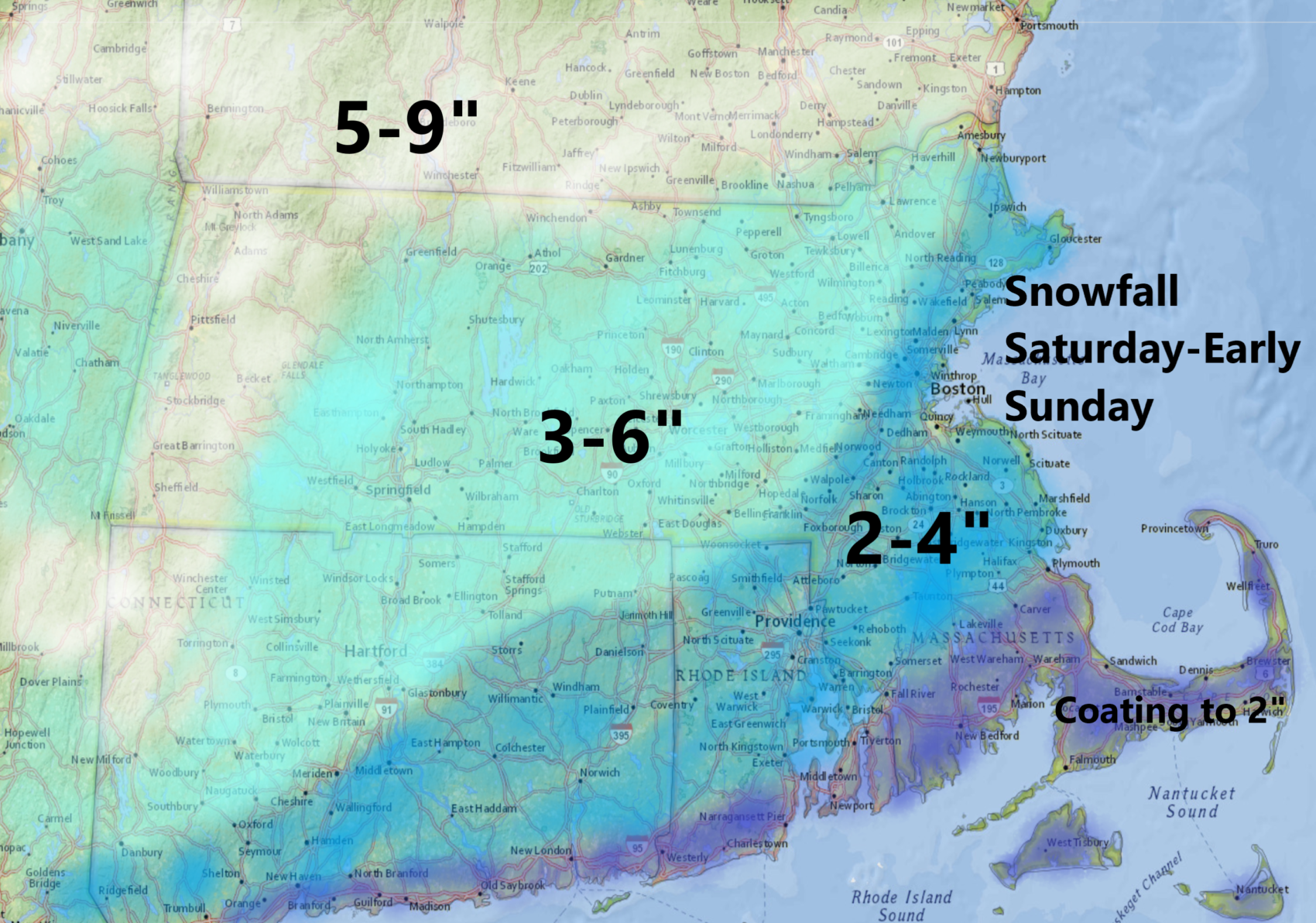 Snow falls heavy at times Saturday evening, but is over by Sunday morning. (Dave Epstein/WBUR)