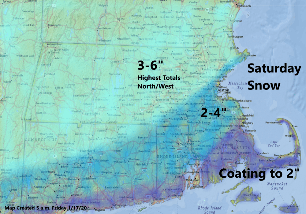 Most areas will see under 6 inches of snow with the higher totals of the range being over northern and western Massachusetts. (Dave Epstein/WBUR)