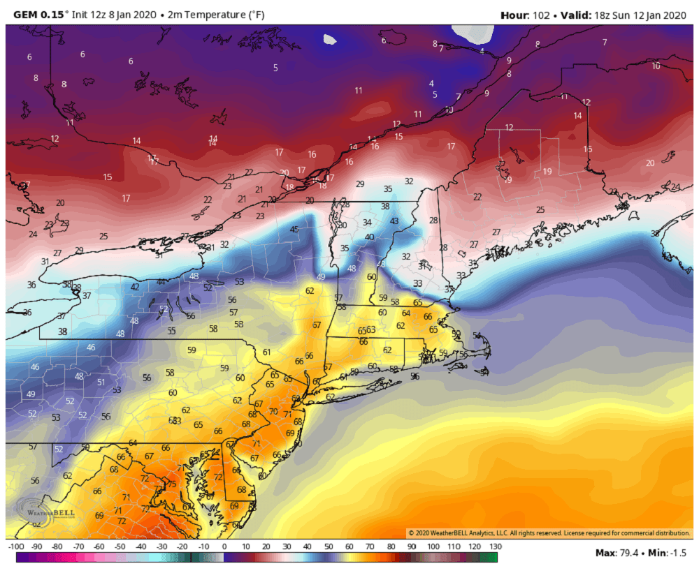A very unusual temperature gradient will be present Sunday across the Northeast. (Courtesy WeatherBell)
