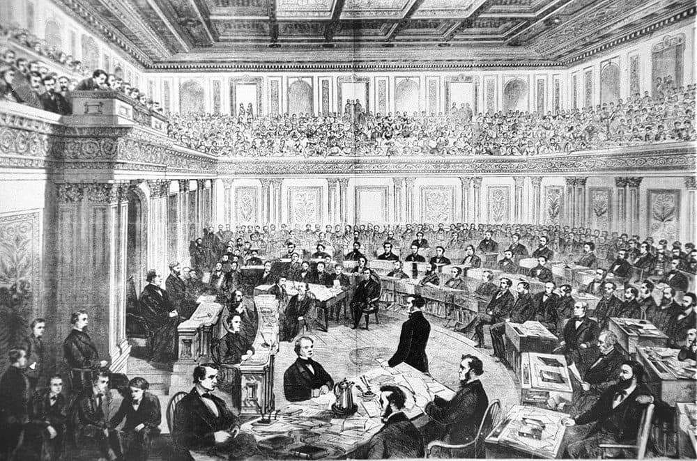 An engraving showing the impeachment trial of President Andrew Johnson in the Senate March 13, 1868. The House approved 11 articles of impeachment against Andrew Johnson in 1868, arising essentially from political divisions over Reconstruction following the Civil War. After a 74-day Senate trial, the Senate acquitted Johnson on three of the articles by a one-vote margin each and decided not to vote on the remaining articles. (Library of Congress)