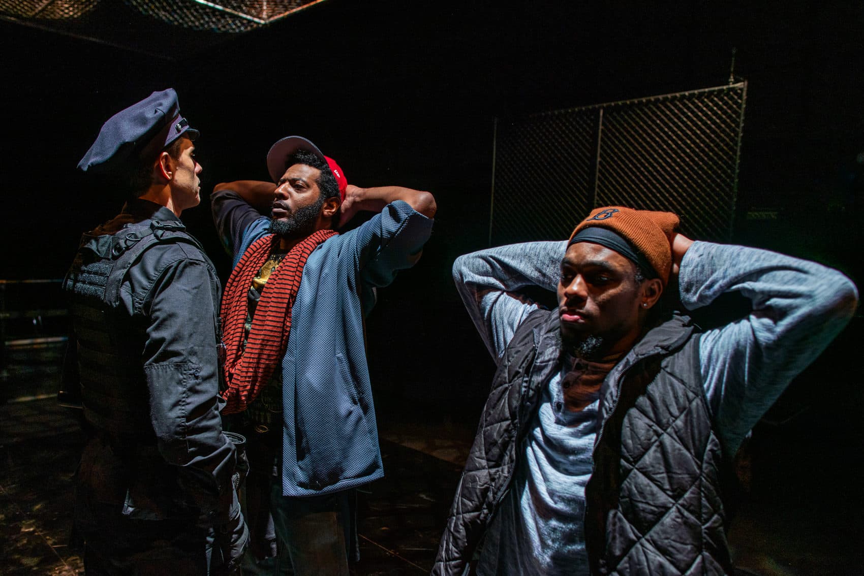 Lewis D. Wheeler, Kadahj Bennett and Hubens "Bobby" Cius in SpeakEasy Stage's production of "PASS OVER." (Courtesy Nile Scott Studios)