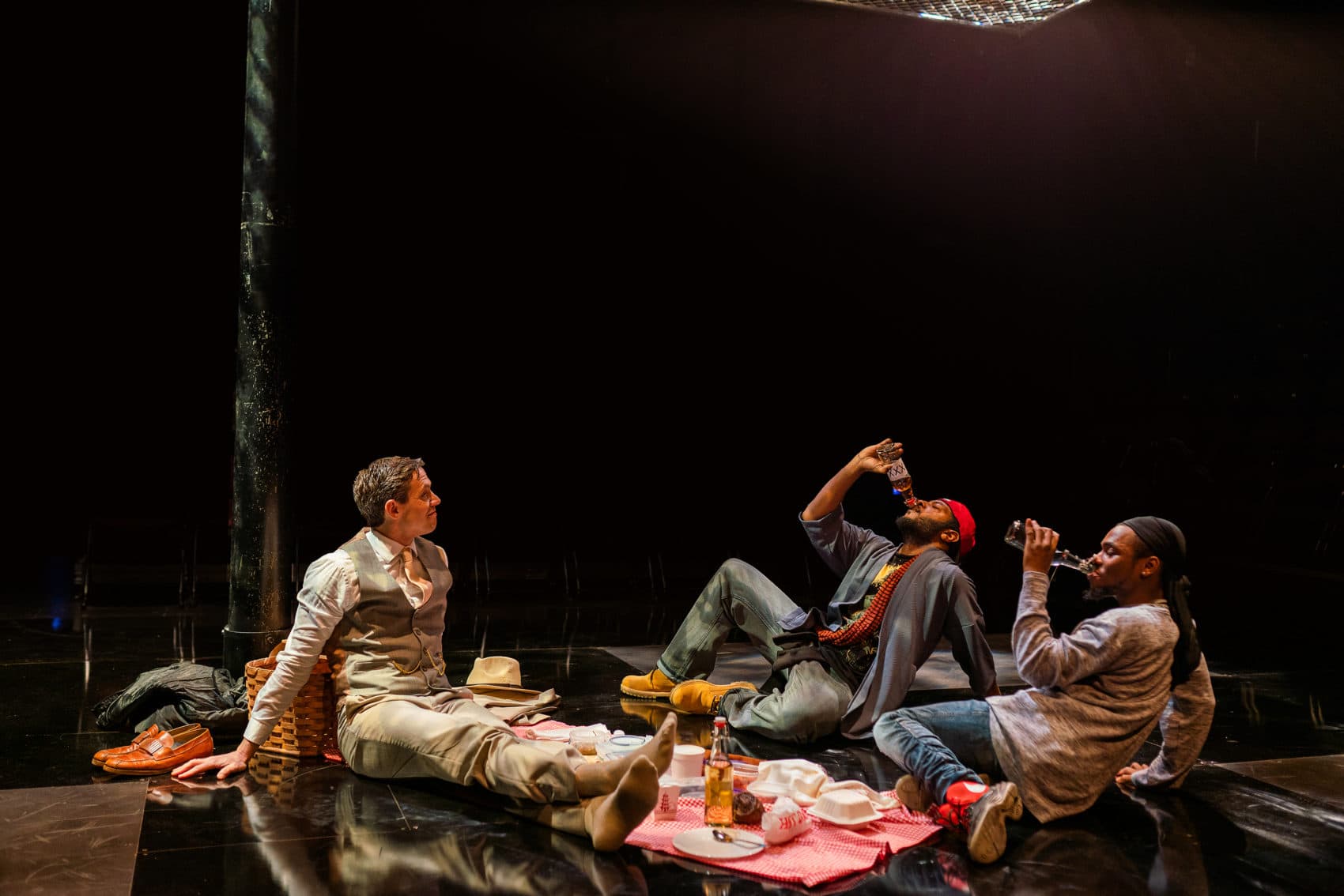 Lewis D. Wheeler, Kadahj Bennett and Hubens "Bobby" Cius in SpeakEasy Stage's production of "PASS OVER." (Courtesy Nile Scott Studios)