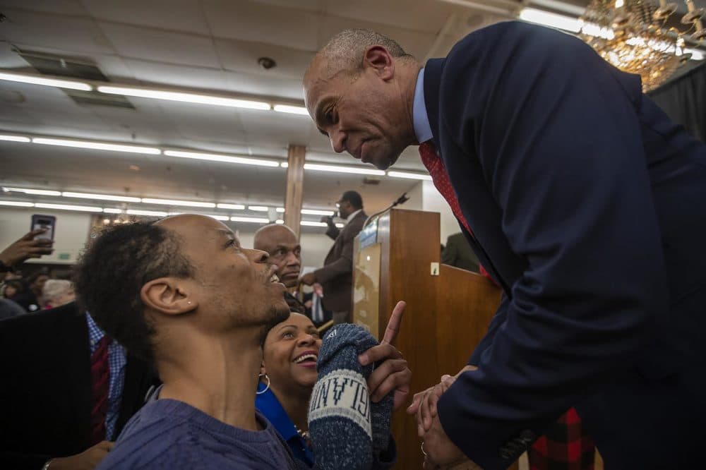 Presidential candidate Deval Patrick greets supporters after his campaign speech at the Prince Hall Grand Lodge in Dorchester Jan. 22. (Jesse Costa/WBUR)