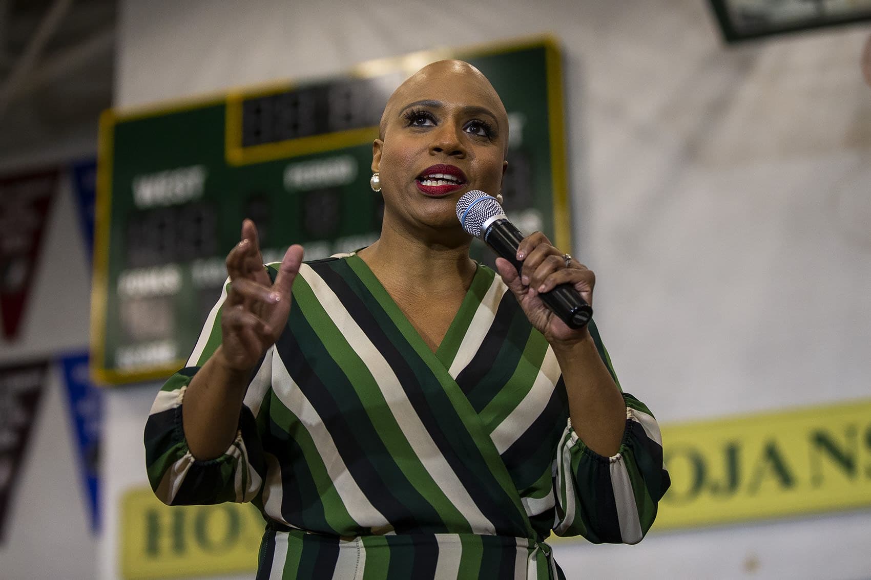 US Congresswoman from Mass. Ayanna Pressley speaks to a group of Elizabeth Warren supporters at a campaign event at West High School in Iowa City. (Jesse Costa/WBUR)