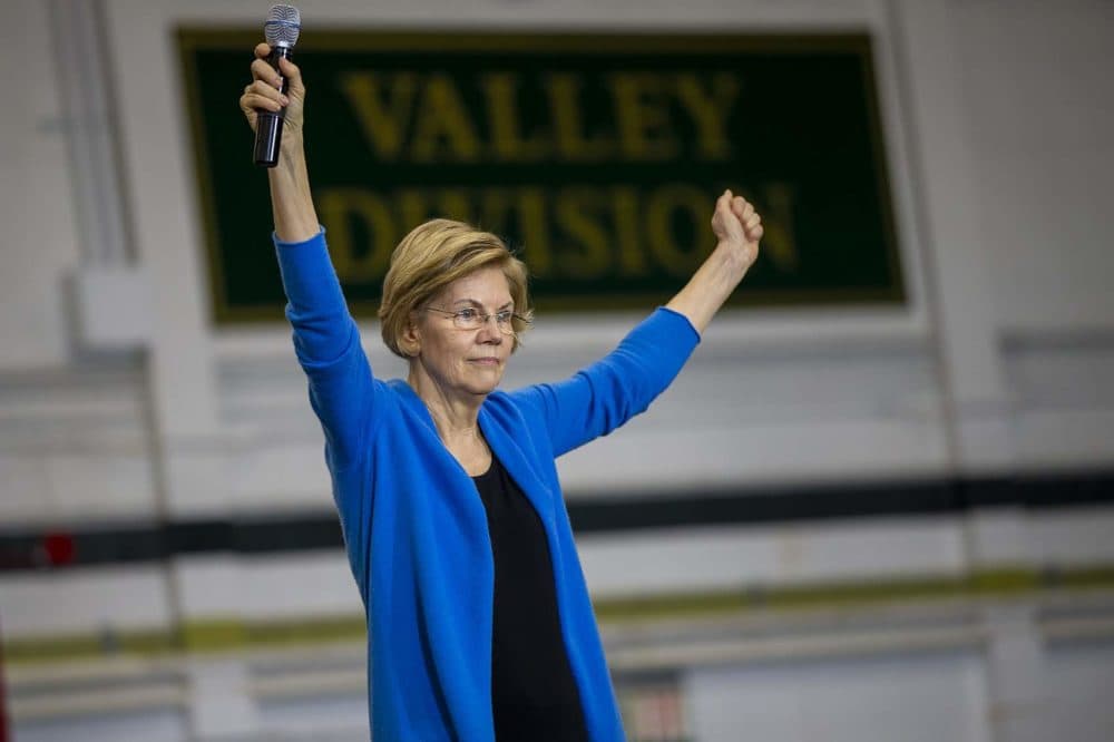 Presidential candidate Elizabeth Warren speaks to supporters during a campaign event at West High School in Iowa City. (Jesse Costa/WBUR)