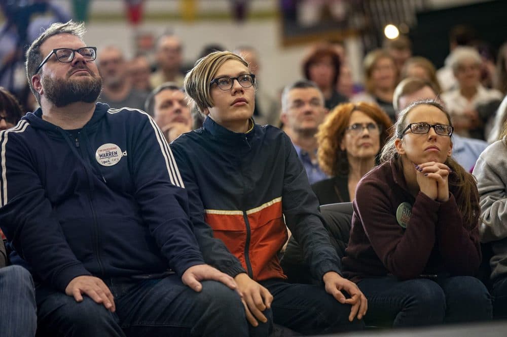 Rally goers listen to presidential candidate Elizabeth Warren at West High School in Iowa City. (Jesse Costa/WBUR)