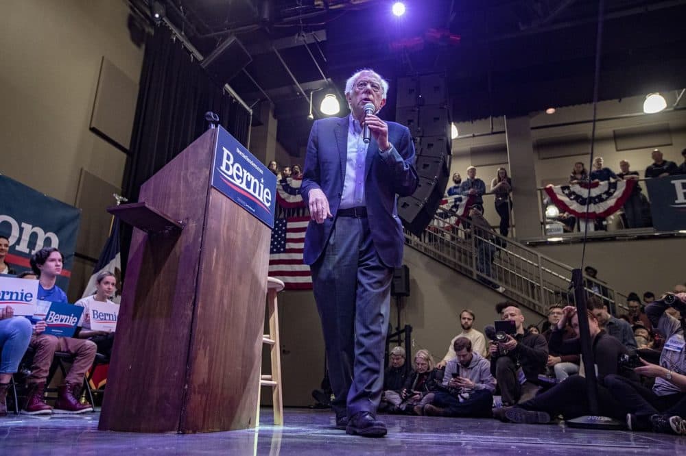 Presidential candidate Bernie Sanders speaks to supporters at a rally at Simpson College in Indianola. (Jesse Costa/WBUR)