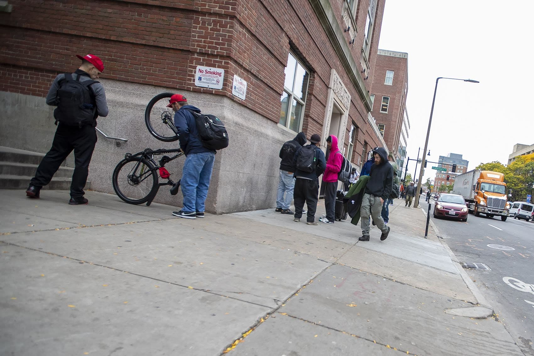 The scene in front of Boston Health Care for the Homeless Program on Albany Street in Boston. (Jesse Costa/WBUR)