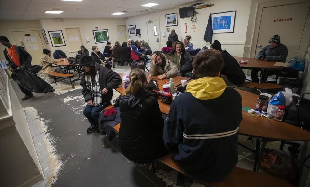 On a frigid day, the South Middlesex Opportunity Council (SMOC) homeless shelter at Queen St. in Worcester opened early to allow to guests to get out of the cold. (Jesse Costa/WBUR)