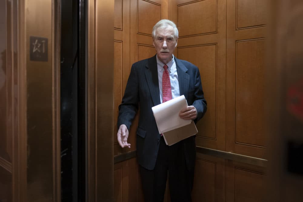 Sen. Angus King, I-Maine, steps into an elevator as he departs the Senate following defense arguments by the Republicans in the impeachment trial of President Trump on charges of abuse of power and obstruction of Congress at the Capitol in Washington on Jan. 25. (J. Scott Applewhite/AP)