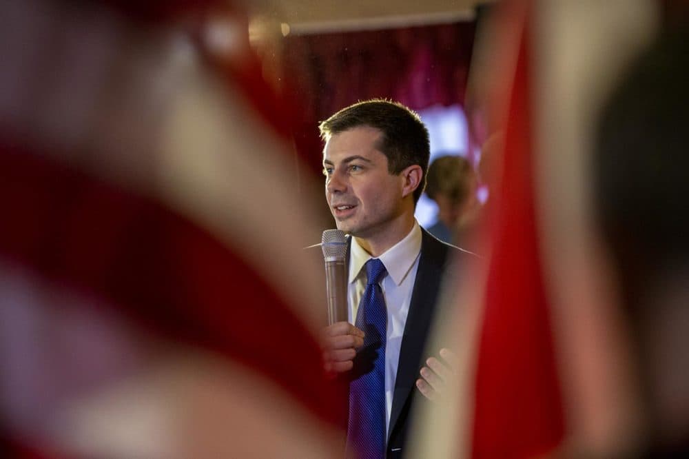 Democratic presidential candidate Pete Buttigieg speaks to a room full of veterans at the Merrimack American Legion Post 98 in Merrimack, N.H. (Jesse Costa/WBUR)