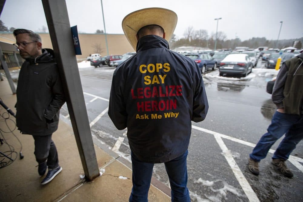 Howard Wooldridge, a former Texas detective who now lobbies on behalf of universal drug legalization, stood outside of Bernie Sanders headquarters. (Jesse Costa/WBUR)