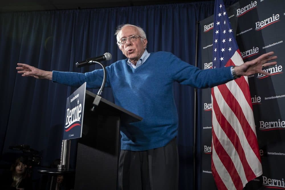 Presidential candidate Bernie Sanders speaks to the media about the caucus results in Iowa at his headquarters in Manchester, N.H. (Jesse Costa/WBUR)