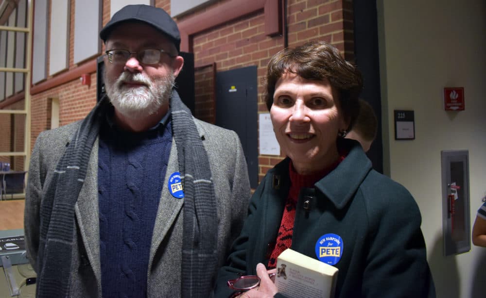 Jim and Cindy Farrell at a Pete Buttigieg rally in Durham, New Hampshire. (Meghan B. Kelly/WBUR)