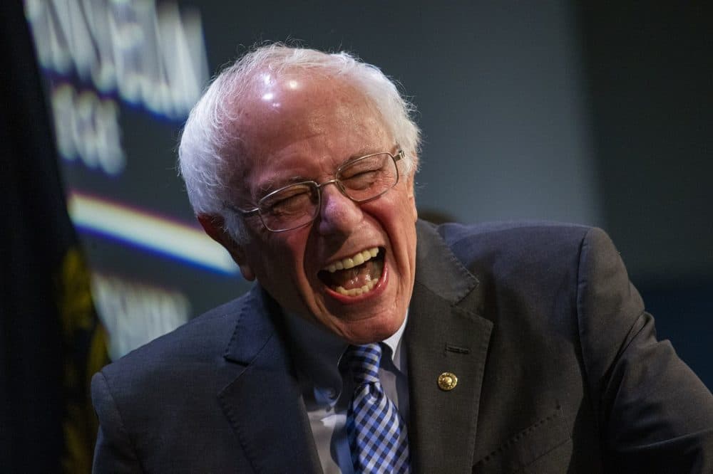 Presidential candidate Bernie Sanders laughs at a question posed to him during a Q&amp;A session after his speech at St.Anselm College in Manchester, N.H. on Feb. 7. (Jesse Costa/WBUR)