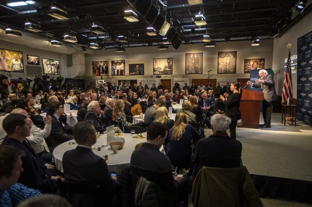 Presidential candidate Bernie Sanders speaks at St. Anselm College in Manchester, N.H. (Jesse Costa/WBUR)