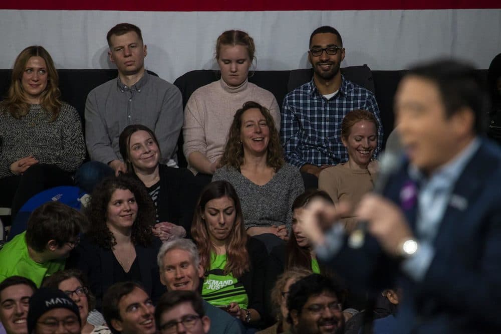 The audience laughs at a joking statement made by Andrew Yang at the Our Rights, Our Courts Presidential Forum at the New Hampshire Technical Institute in Manchester, NH. (Jesse Costa/WBUR)