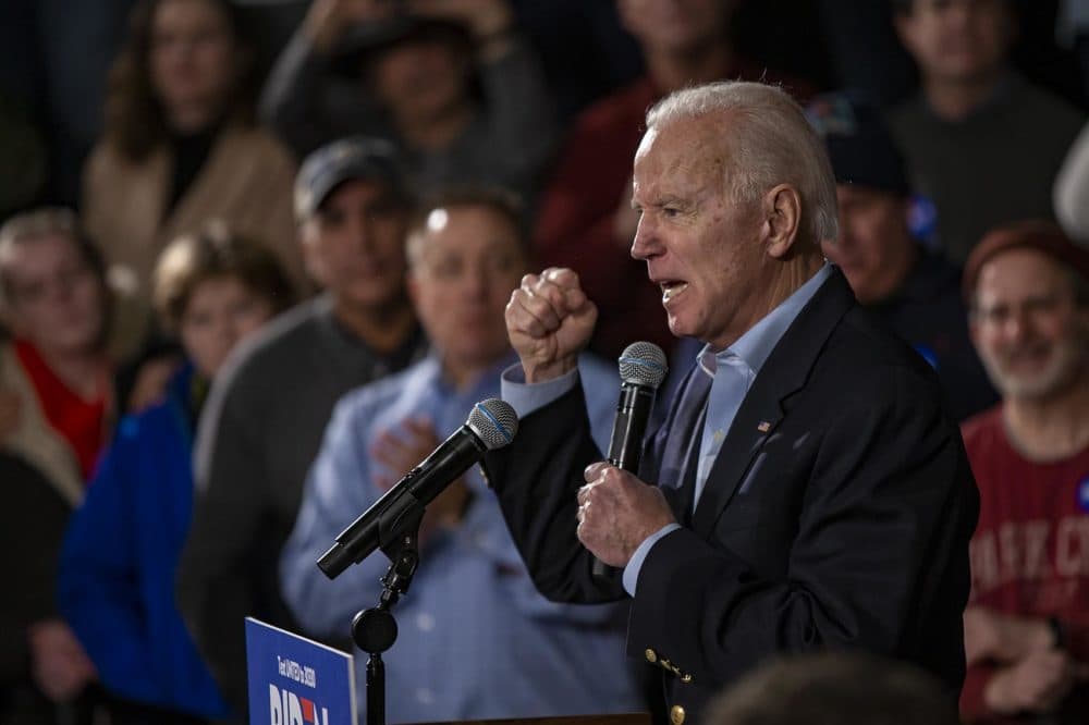 Presidential candidate Joe Biden speaks at a campaign rally at the Rex Theater in Manchester, N.H. (Jesse Costa/WBUR)